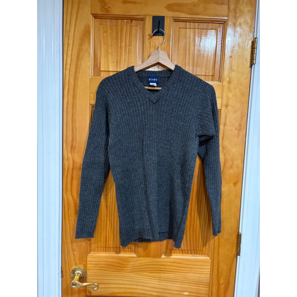 Beams Japan Charcoal Ribbed 100% Wool Knit Sweater Slim Minimalist